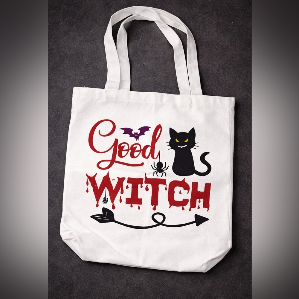 Good Witch Canvas Tote Bag - White with Red & Black Print